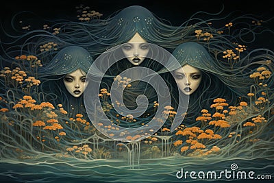 Hauntingly beautiful banshee sirens, with voices that can both enchant and bewitch - Generative AI Stock Photo