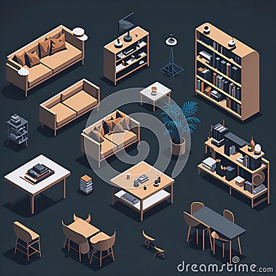 Captivating Realism 3D Realistic Renderings of Isometric Furniture Elements for Design Inspiration Stock Photo