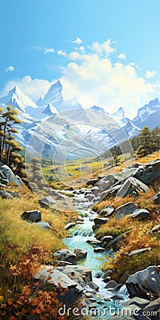 Captivating Realistic Impression Of Light-filled Mountain Scenery Cartoon Illustration