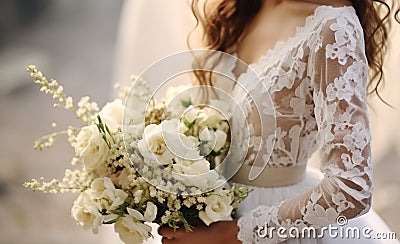Captivating scene brides bouquet, dress, and intricate wedding elements weave enchanting memories Stock Photo