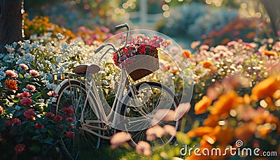 A captivating scene featuring a bicycle with a flower-filled basket Stock Photo