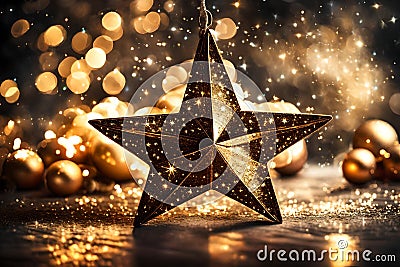 A captivating scene featuring a star ornament placed in front of sparkling lights, Stock Photo