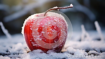 Frozen in Time: Red Apple Amidst a Blanket of Snow Stock Photo