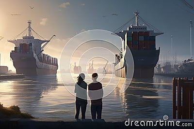 Romantic Sunset Over Bustling Shipping Canal: 3D Studio Max Render Stock Photo