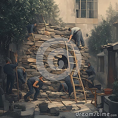 Craftsmanship in Action: Stone Masons at Work Stock Photo