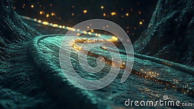 A captivating scene of twisting data threads and glowing particles in a dark environment Stock Photo