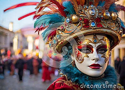 A Captivating Scene from the Venice Carnival An Elaborate Mask Adorned with Jewels and Vibrant Feathers Stock Photo