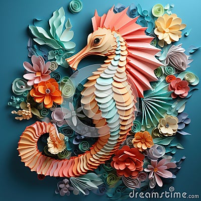 A captivating seahorse, its delicate form crafted from a mosaic of origami patterns by AI generated Stock Photo