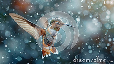 Winter Whispers The Majestic Hummingbird's Dance in a Snowy Realm Stock Photo