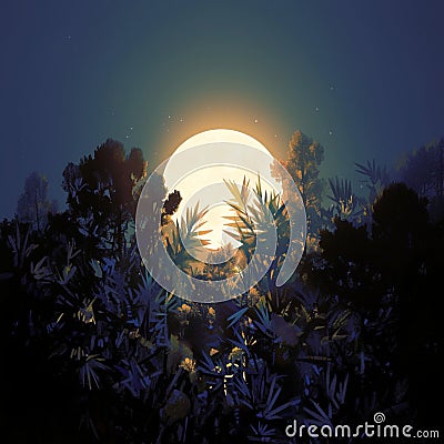 Captivating shot of full moon rising amidst lush green plants Stock Photo