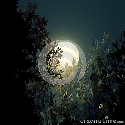 Captivating shot of full moon rising amidst lush green plants Stock Photo