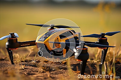 Captivating shot of a low-flying unmanned drone gracefully hovering just above the ground Stock Photo