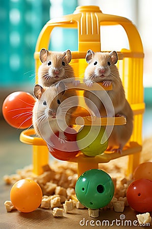 Captivating Snapshot of a Vibrant Gerbil Family in a Spacious Wire Cage Stock Photo