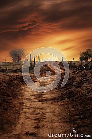 fiery orange and yellow sky in the rural farm ranch empty dirt road. Farm sunset path. Foggy, misty. Fantasy rural path. Stock Photo