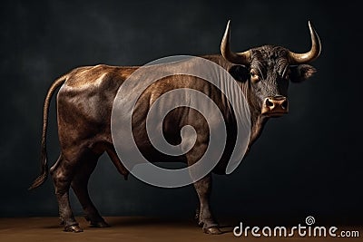 Ai Generative Portrait of a bull on a dark background. Studio photography Stock Photo