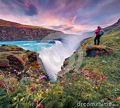 Captivating summer view of Gullfoss - popular tourist destination. Gorgeous sunrise on Hvita river. Amazing morning scene of Icela Stock Photo