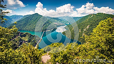 Captivating summer view of Pivsko lake. Amazing morning scene of canyon of Piva river, Pluzine town location, Montenegro, Europe. Stock Photo