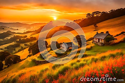 A captivating sunset over a hillside cottage, with the last rays of sunlight casting a golden glow on the landscape Stock Photo