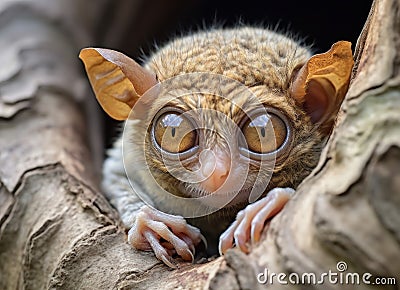 Captivating Tarsier Peering from Tree Hideout. Generative AI Stock Photo