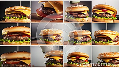 A time-lapse photo series capturing the construction of a fast-food burger step by step Stock Photo