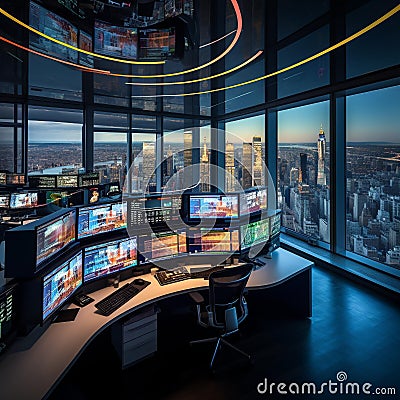 Interconnected Markets: Vibrant Trading Floor in Modern Office Space Stock Photo