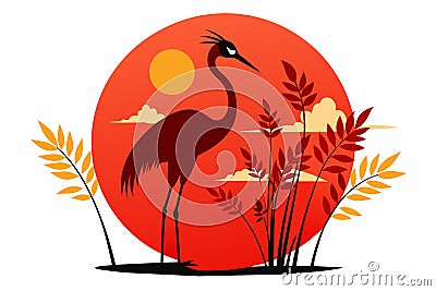 Red Crowned Crane Silhouette at Sunset Vector Illustration with Pond Plants white background Vector Illustration