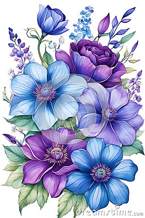 blue and purple flowers vector illustration texture 2d super pattern generative ai Cartoon Illustration