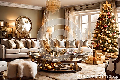 A captivating view of a living room transformed into a festive haven for New Year celebrations. Stock Photo