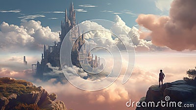 Enchanting Dreamscape: Stunning Photography of a Child and a Floating Castle in the Clouds Stock Photo