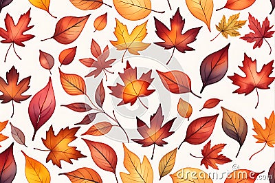 Captivating Watercolor Illustration: Fallen Leaves in Various Shades of Autumn, Vibrant Reds, Oranges, and Yellows Cartoon Illustration