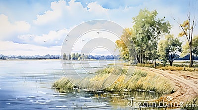 Captivating Watercolor Painting Of A River And Trees In Rural Landscape Stock Photo