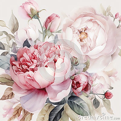 Captivating Watercolor Painting of Romantic White and Pink Peonies and Roses for Wallpaper, Generative AI Stock Photo