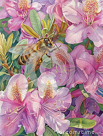 Watercolor Bee Near Blooming Azaleas Vibrant Bee Illustration Art Print Detailed and Lively Hand painted Artwork of Bees and Stock Photo