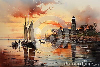 Dusk's Serenity: Watercolor Embrace of Tranquil Harbor Stock Photo
