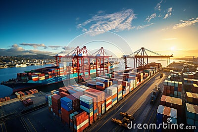 Bustling Shipping Container Terminal at Golden Hour Stock Photo