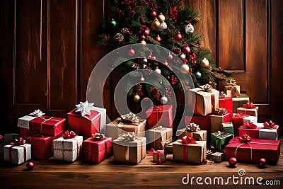 Capture the anticipation of Christmas with a scene of beautifully wrapped gifts arranged in front of a wooden door. Emphasize the Stock Photo
