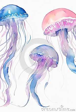 Capture the Beauty of a Jellyfish in Watercolor Illustration: A Medusa Painting on a White Background. Stock Photo