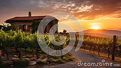 Golden Sunset Over Lush European Vineyard Stock Photo