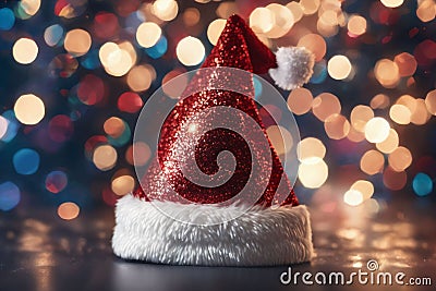Christmas hat with glitter on a Bright background, xmas wallpaper Stock Photo