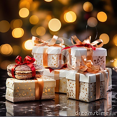 Capture the delectable allure of gift boxes in a captivating image set against a backdrop of festive Christmas bokeh Stock Photo