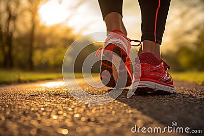 Capture the dynamic energy of a runners feet pounding the ground in a morning sport run Stock Photo