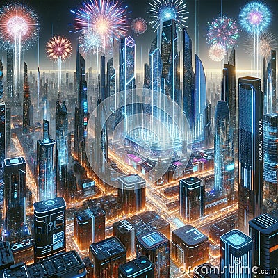 Cityscape Celebration: Fireworks Over the Urban Skyline Stock Photo