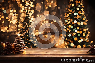 Capture the enchanting ambiance of Christmas night with a rustic wood table in the foreground, set against a background of Stock Photo