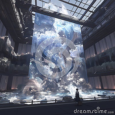 Awe-Inspiring Water Sculpture in Futuristic Gallery Stock Photo