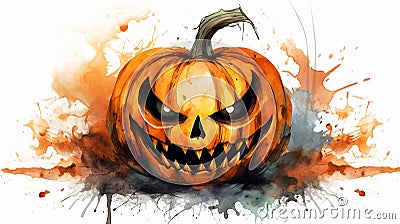 Spooky Watercolor Style Halloween Pumpkin with Scary Carving on a White Background. Stock Photo