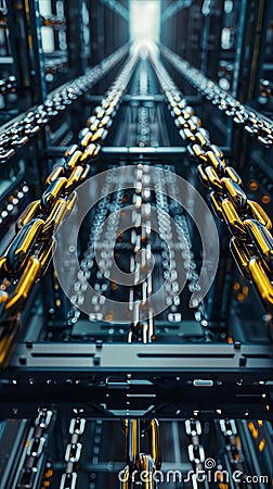 Capture the essence of innovation with a lowangle view showcasing the integration of blockchain in supply chain Exemplify the Stock Photo