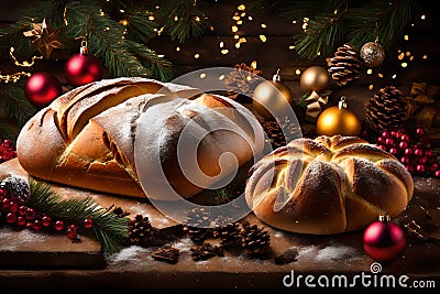 Capture the essence of New Year and Christmas with a rustic background featuring festive bread. Showcase the warmth and tradition Stock Photo