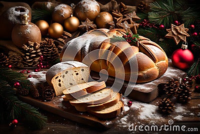 Capture the essence of New Year and Christmas with a rustic background featuring festive bread. Showcase the warmth and tradition Stock Photo