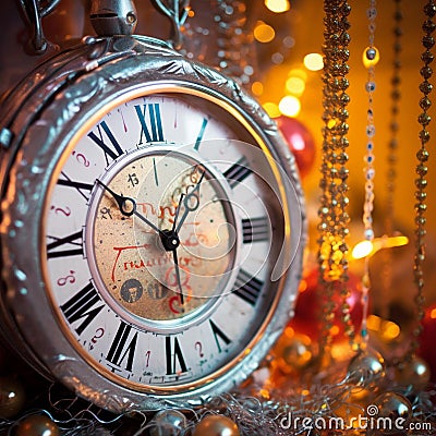 Festive New Years Clock Amidst Party Decor Stock Photo