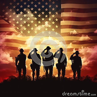 Silhouettes of Soldiers at Sunset Patriotic USA Flag Salute, ai generated Stock Photo